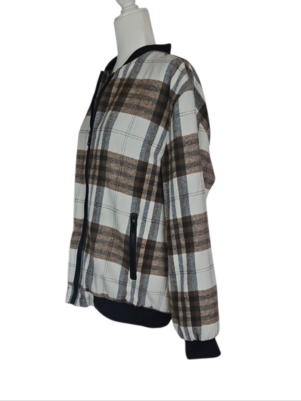 Collegiate Plaid Bomber Jacket Milk Chocolate Brown Cream Black Academia Fall L - Picture 2 of 8